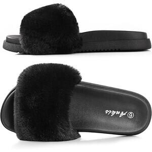 Ankis Womens Size 8 Black 1" Platform Fluffy House Slides Open Toe Sandal Shoes